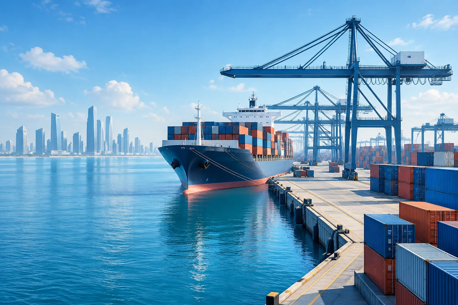 Illustration of a container ship, stacked cargo containers and port cranes